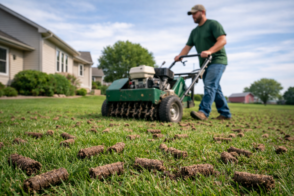 Gas-powered core aerator removing soil plugs from a Newton Iowa lawn to relieve clay soil compaction